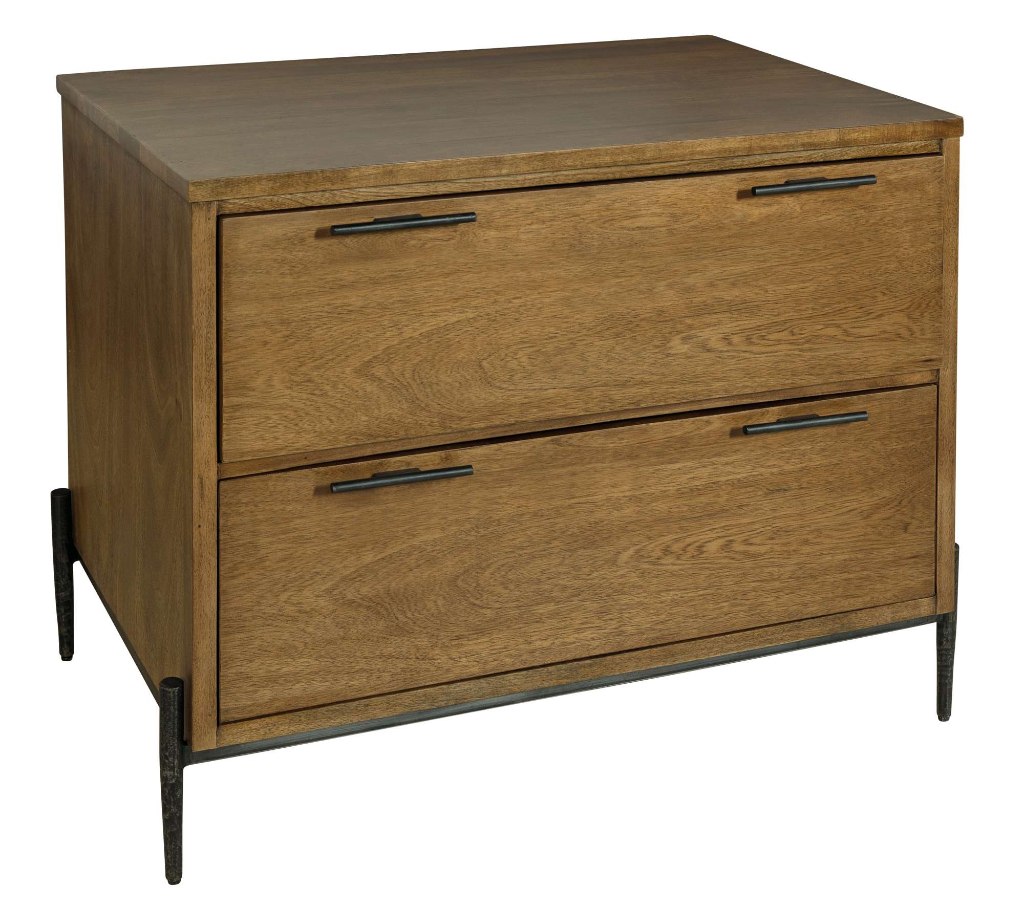 Bedford Park Executive File with warm wood finish, two spacious drawers, black metal handles, and slim metal frame base