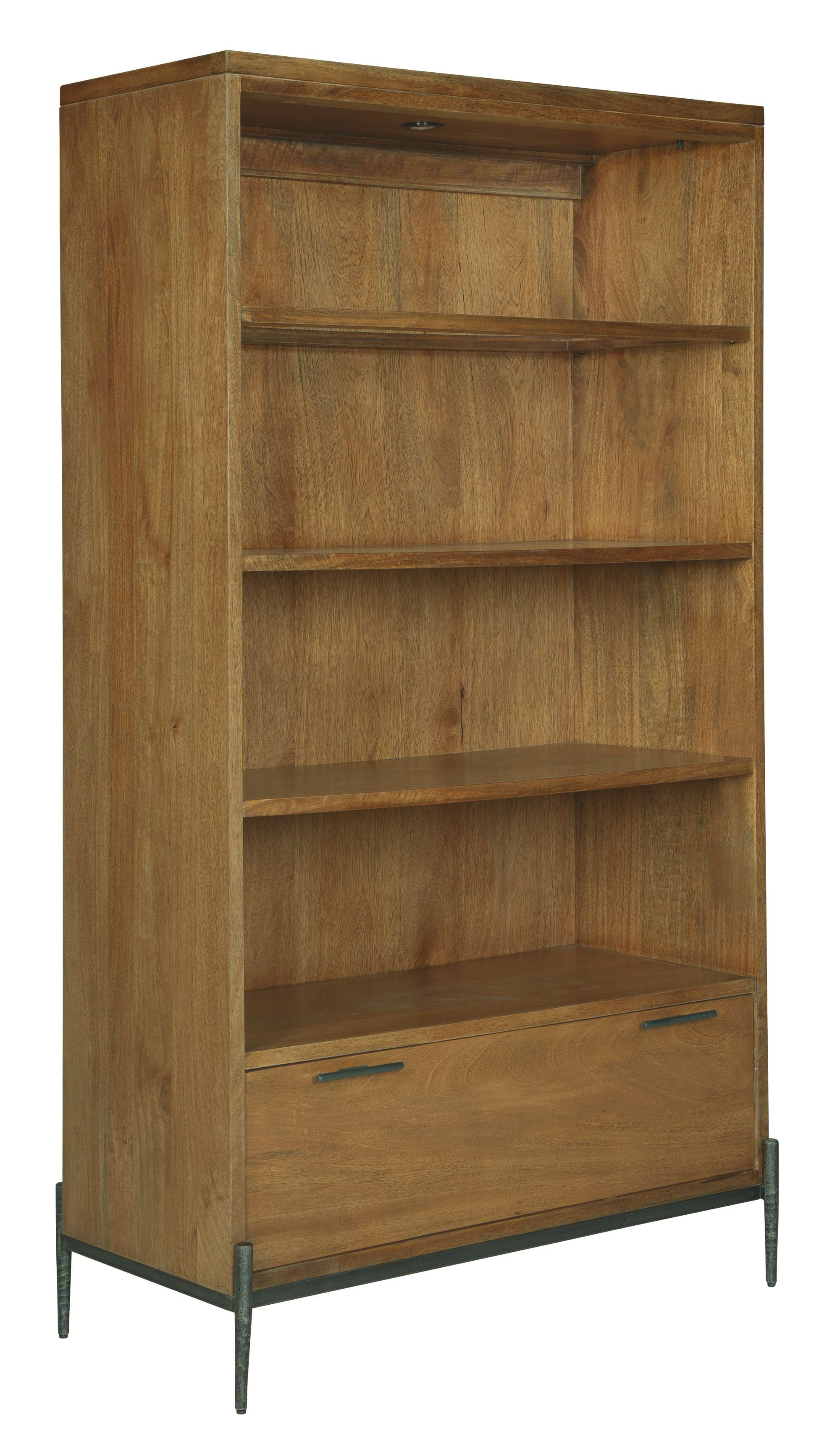 Center bookcase in solid mango wood with adjustable shelves, file drawer, metal legs, and built-in overhead lighting