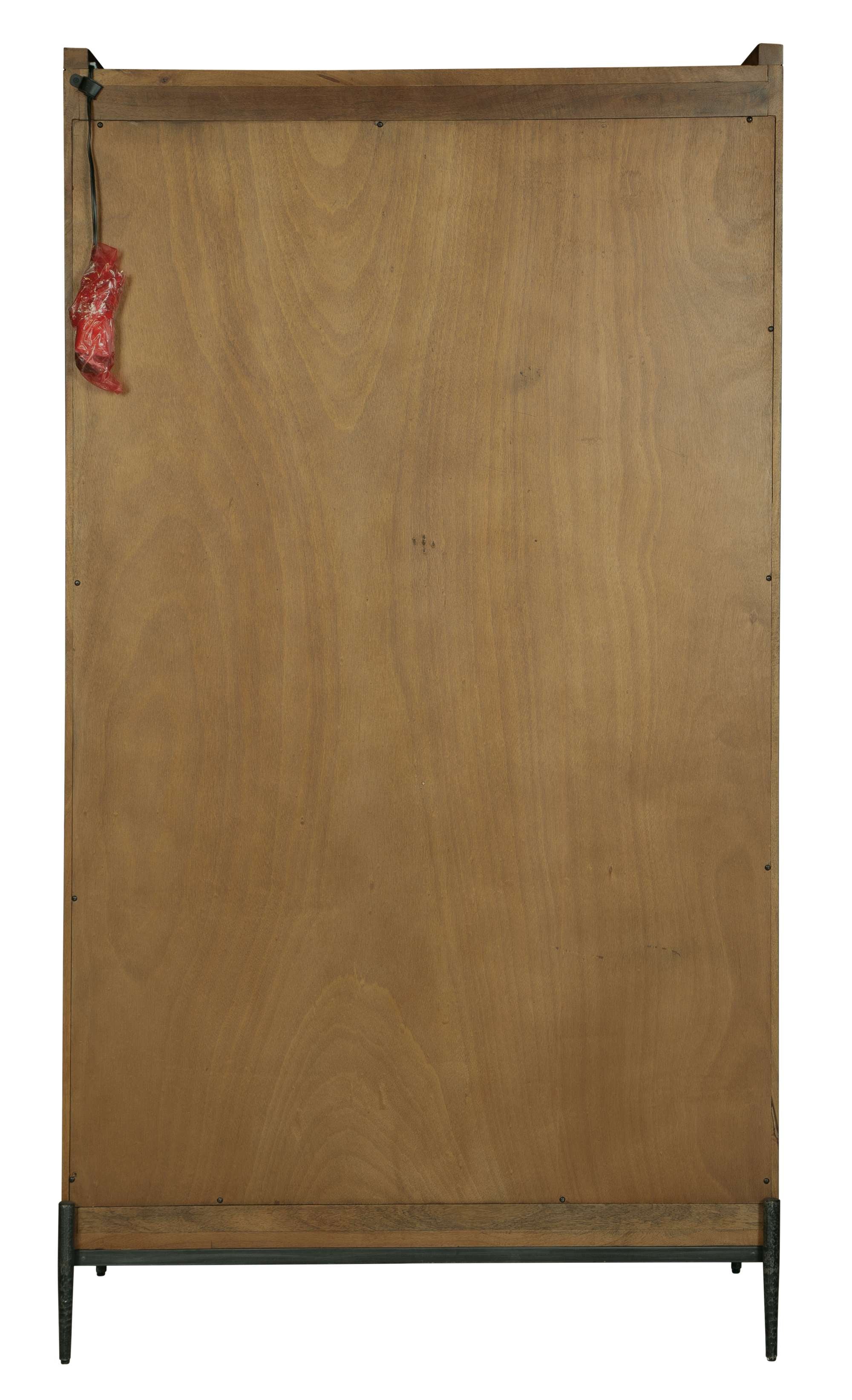 Back view of tall Bedford Park Bookcase Center with solid mango wood back panel and metal legs in natural finish