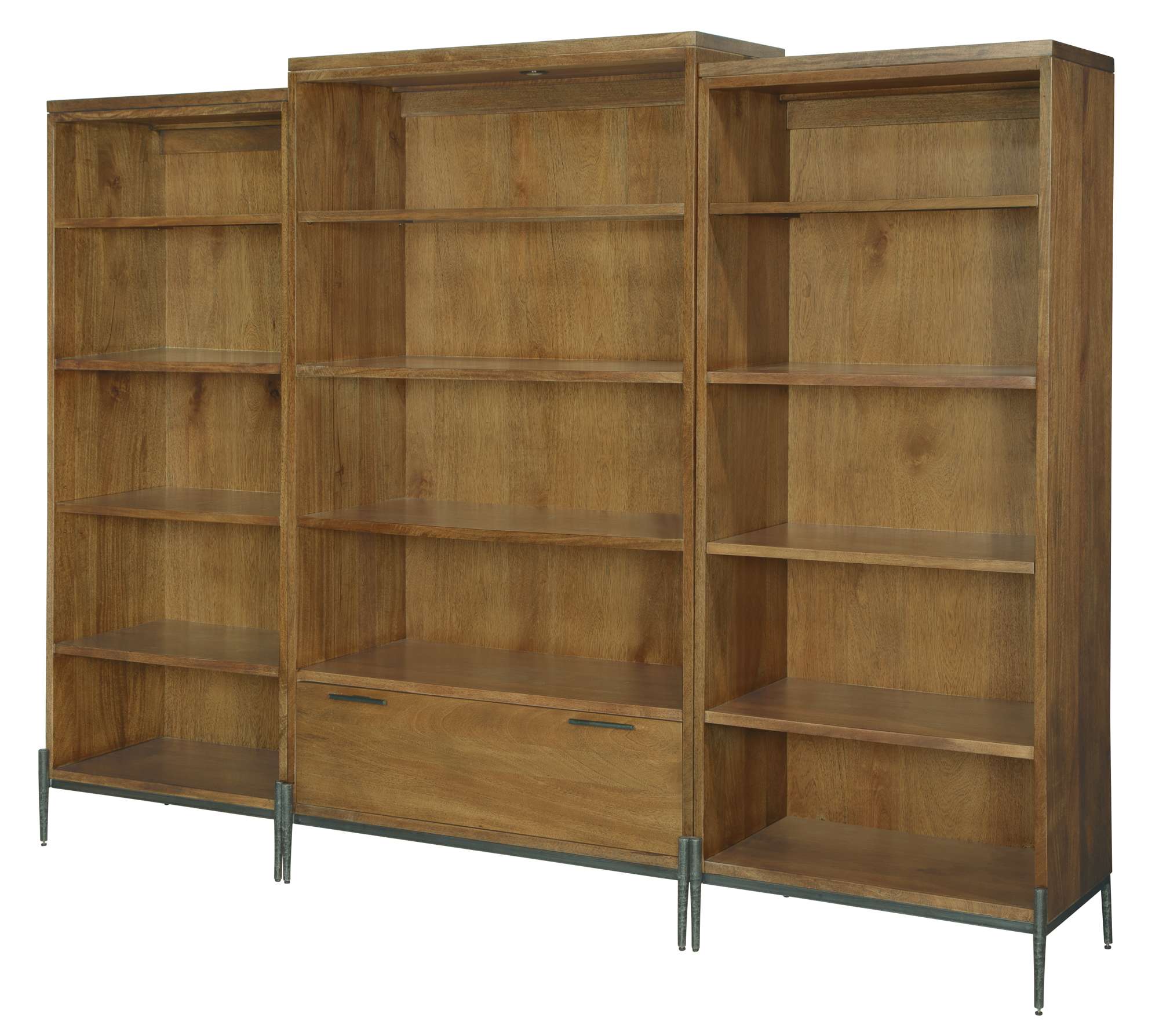 Bedford Park center bookcase with solid mango wood, adjustable glass shelf, fixed wood shelves, and metal legs