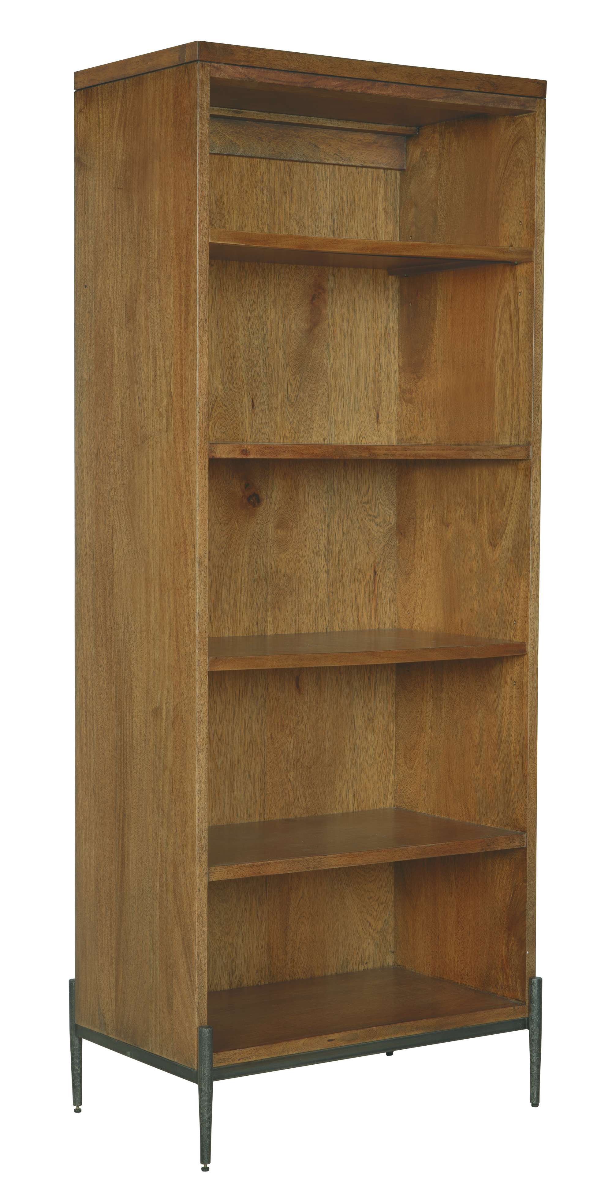 Bedford Park bookcase with solid mango wood frame, three adjustable shelves, fixed shelf, and iron base with floor levelers