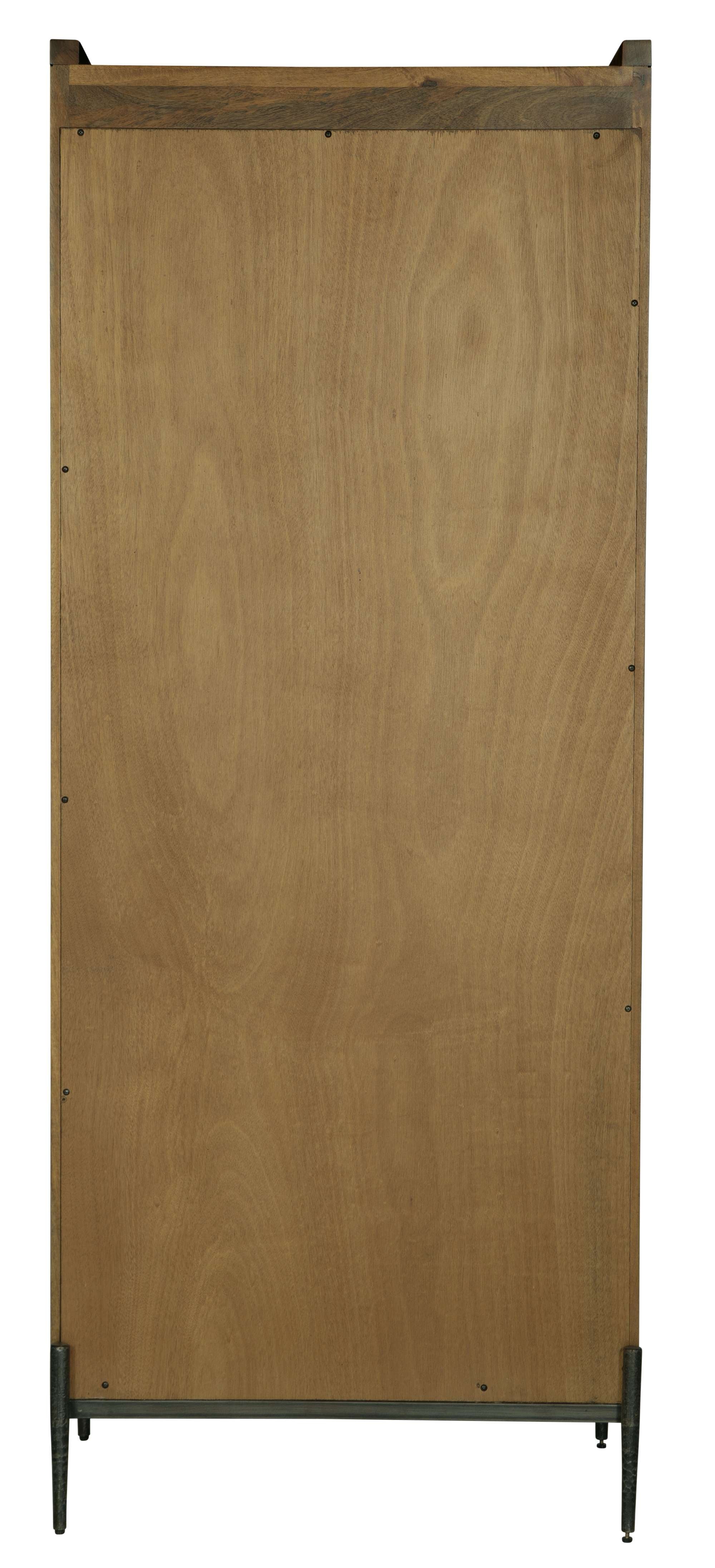 Back view of Bedford Park Bookcase with solid mango wood panel and iron base with floor levelers in natural finish