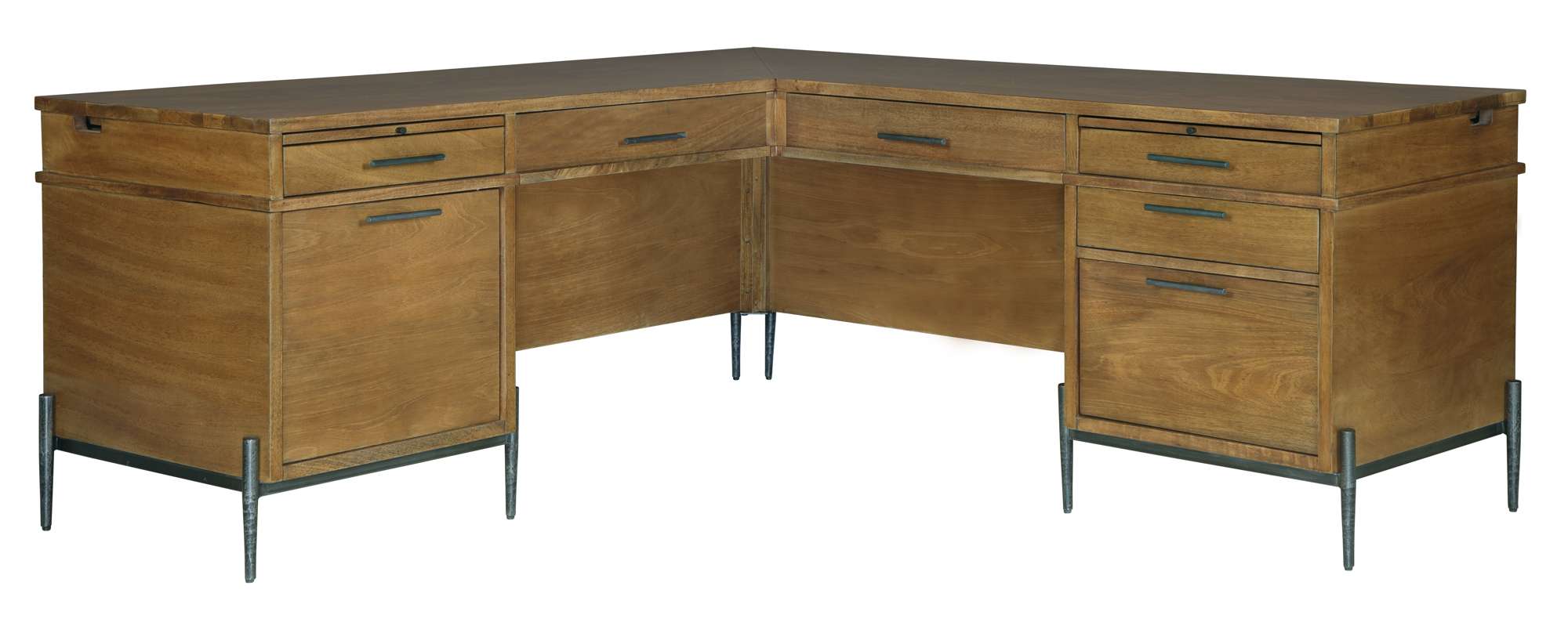 Executive L-shaped desk with solid mango wood top, drop-down center drawer, box drawers, door with power outlet, and pull-out trays