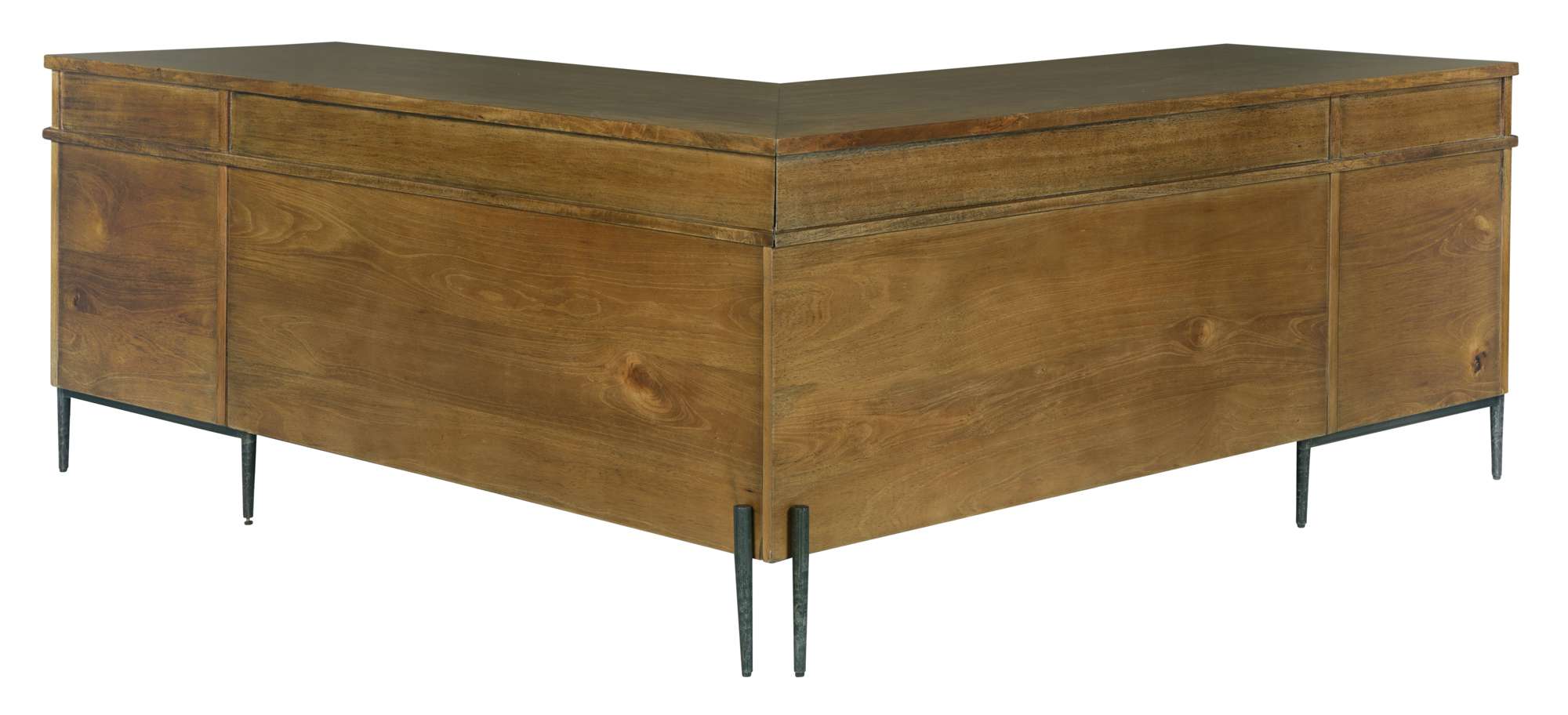 L-shaped executive desk with solid mango wood top, storage drawers, drop-down keyboard compartment, and black metal legs
