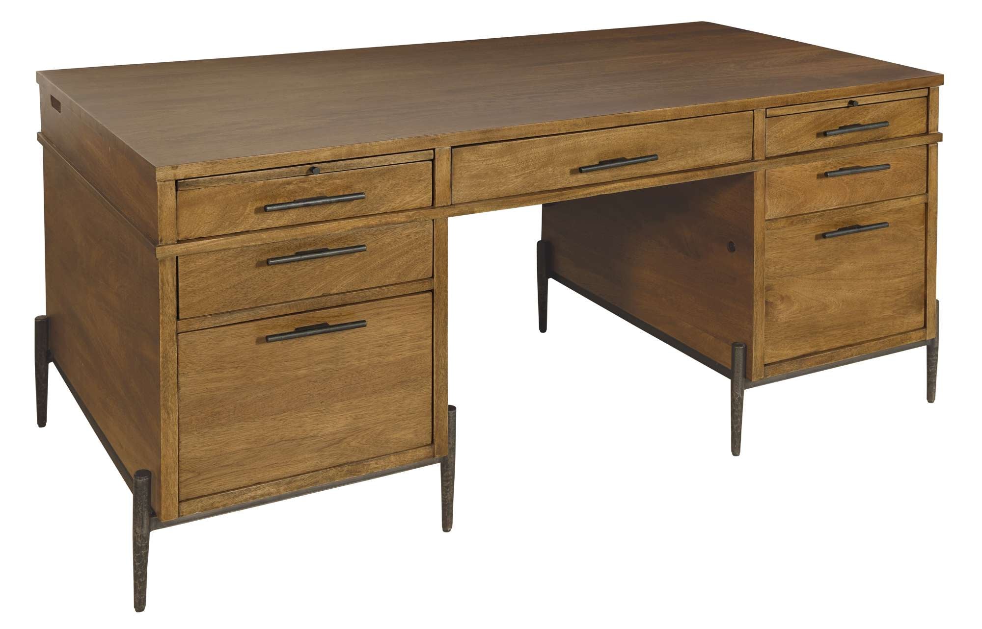 Junior executive desk with solid mango wood top, four drawers, two file drawers, and metal slide hardware