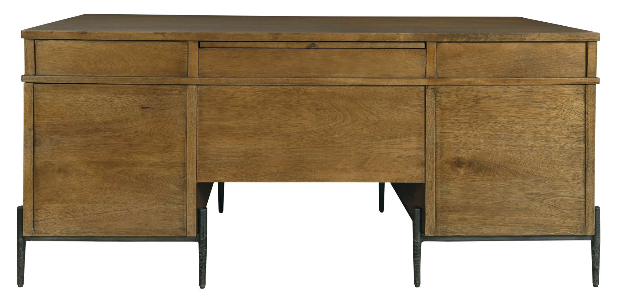 Junior executive desk with solid mango wood top, four box drawers, two file drawers, and drop front center drawer