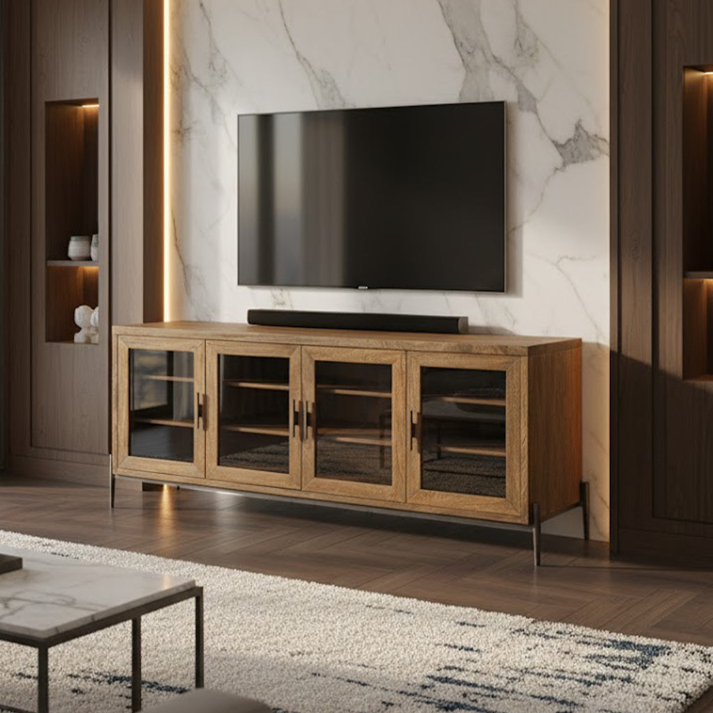 Modern living room setup with a wooden entertainment unit and a flat-screen TV.