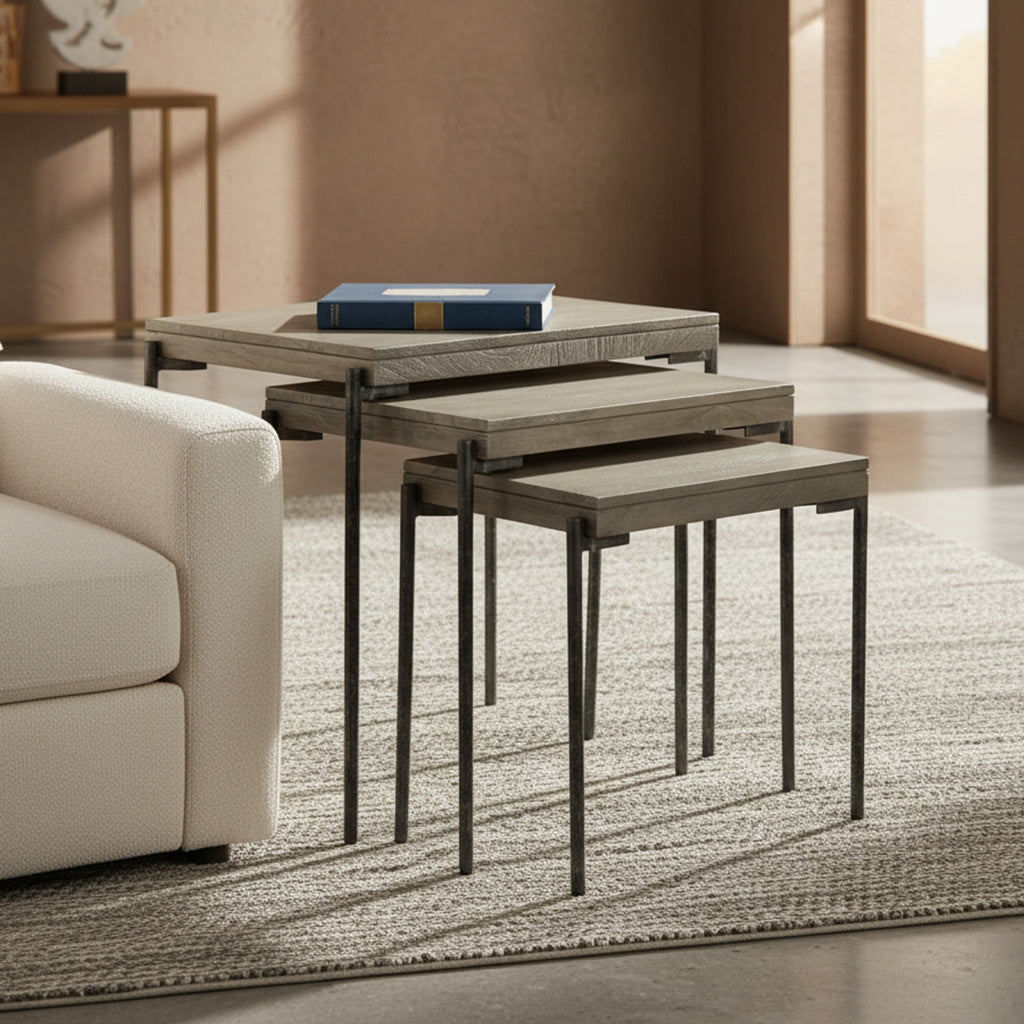 Scottsdale Nest of Tables with mindi veneer tops, aged iron square legs, and Scottsdale finish, three tables nesting design