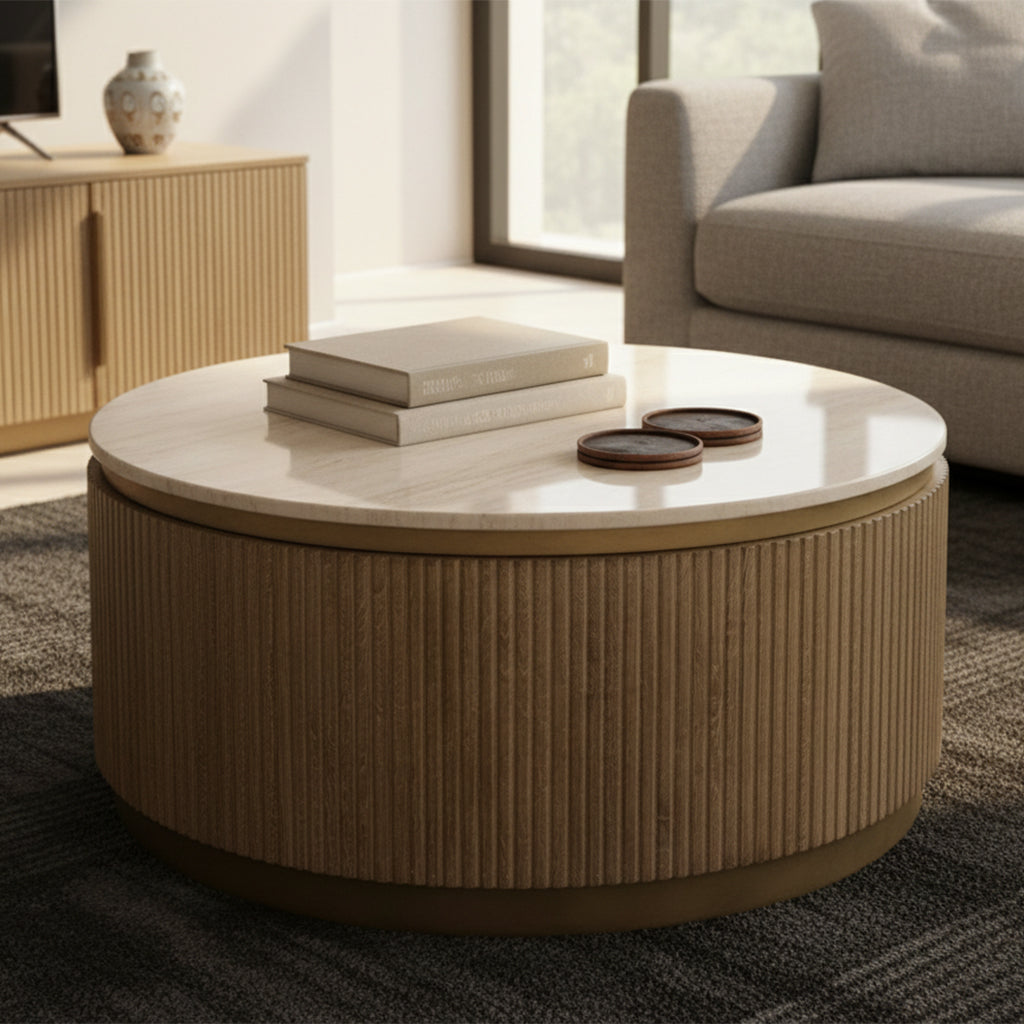 Round coffee table with ribbed tambour wood base, light wood top, and modern minimalist design in cozy living room