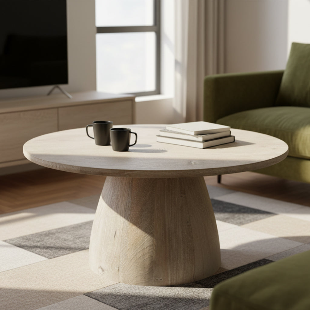 Round coffee table with solid light wood slab top and rounded tapered base in modern living room setting