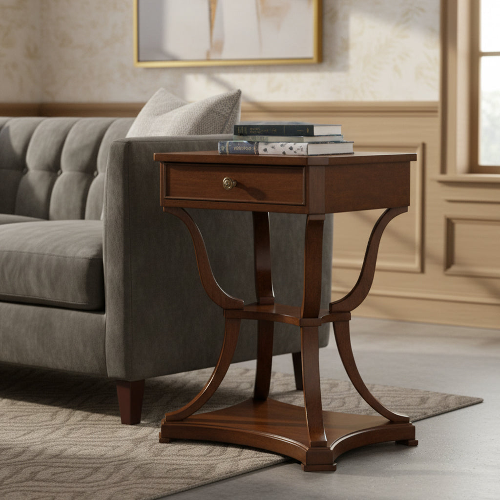 European Legacy end table with rustic American Cherry veneers, walnut stringing, drawer, two shelves, and burnished brass knob