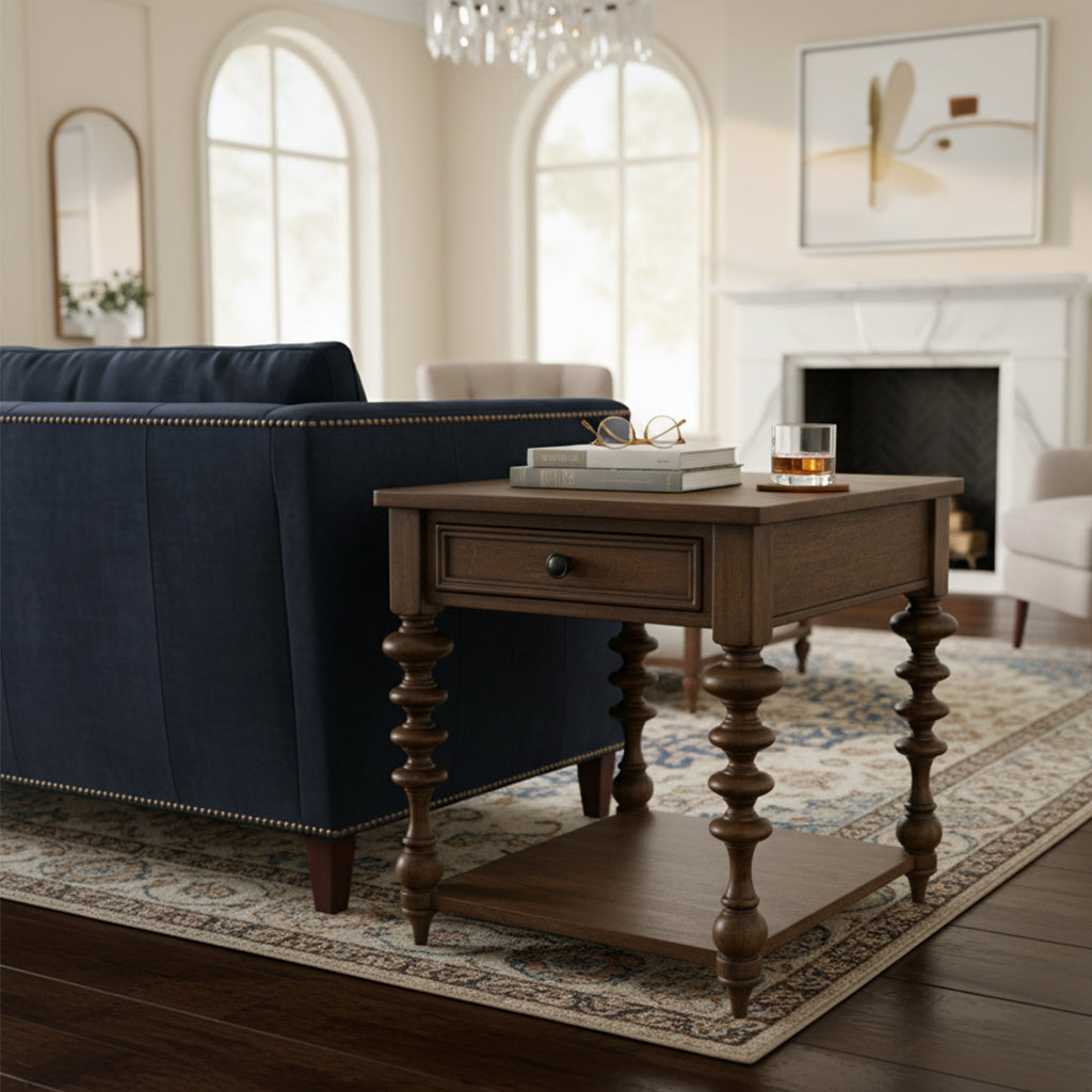 Fairfax rectangular wooden end table with carved legs, drawer, and lower shelf beside navy sofa in living room