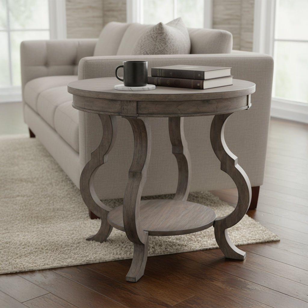 Lincoln Park round end table with curved legs, select wood veneers, lower shelf, and gray wood finish