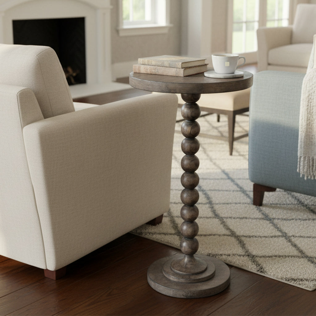 Lincoln Park end table with select solid and veneer wood, round top, beaded pedestal base, and Lincoln Park finish
