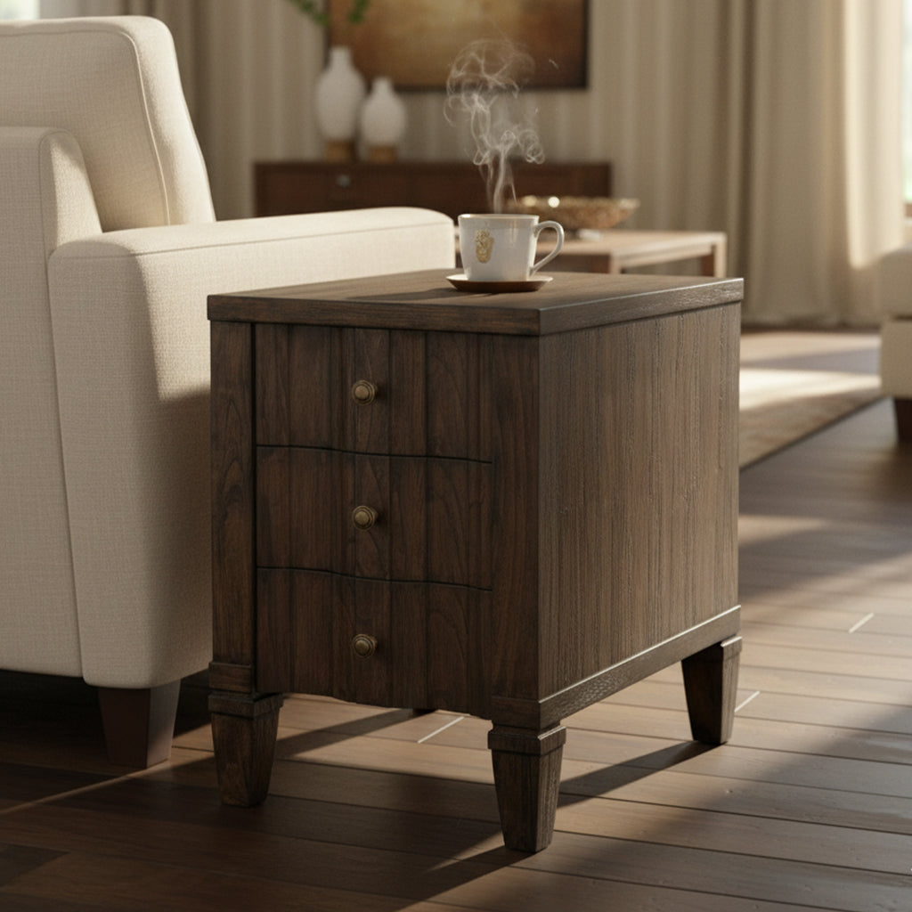 Linwood Chairside Chest with three stepped drawers, round brass pulls, mindi solids and veneers, Linwood finish