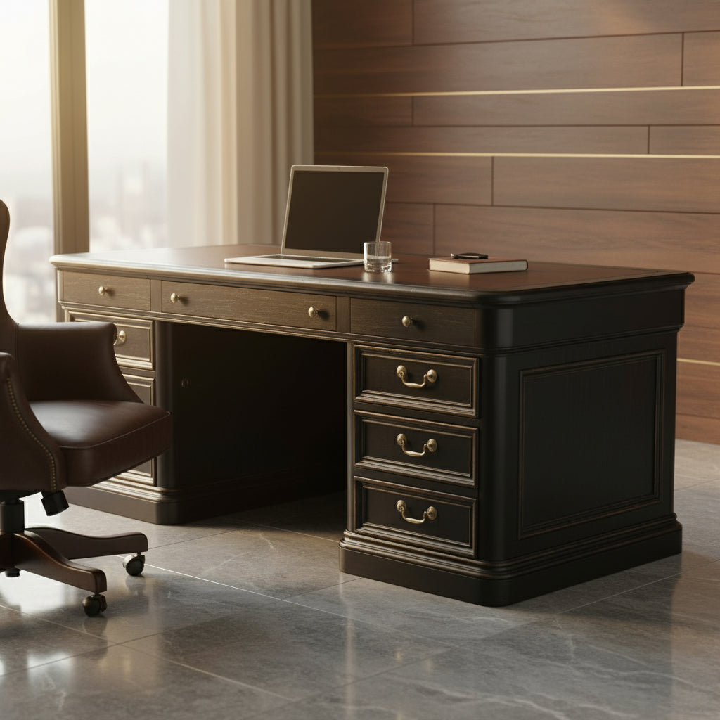Louis Philippe executive desk with leather top, blind tooling, distressed hardwood finish, and multiple file drawers on metal slides