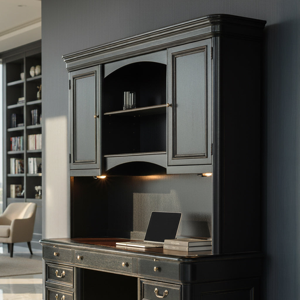 Louis Philippe Executive Deck with distressed finish, two doors, adjustable shelves, illuminated bookcase, and glass center shelf