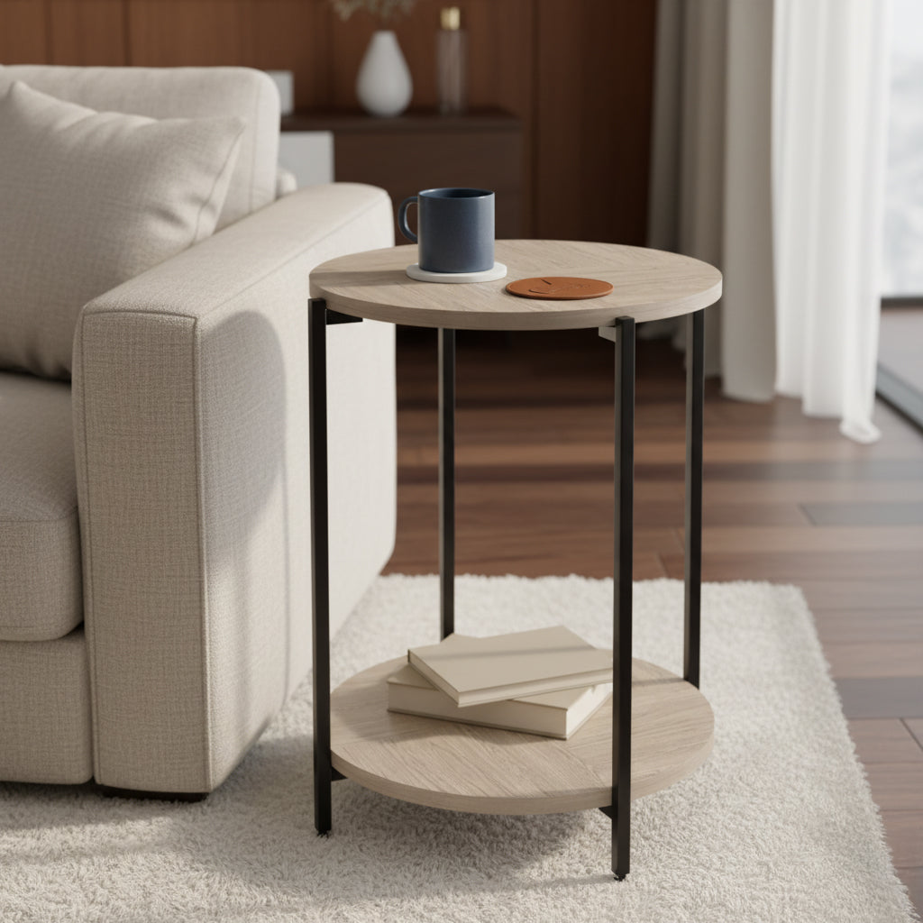 Mayfield End Table with round oak parquet veneer top and shelf supported by slim black metal legs in living room setting