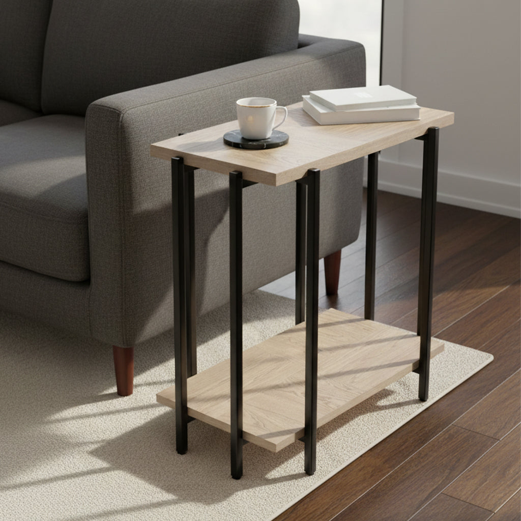 Mayfield End Table with rectangular oak parquet veneer top and bottom shelf, supported by black metal legs next to sofa