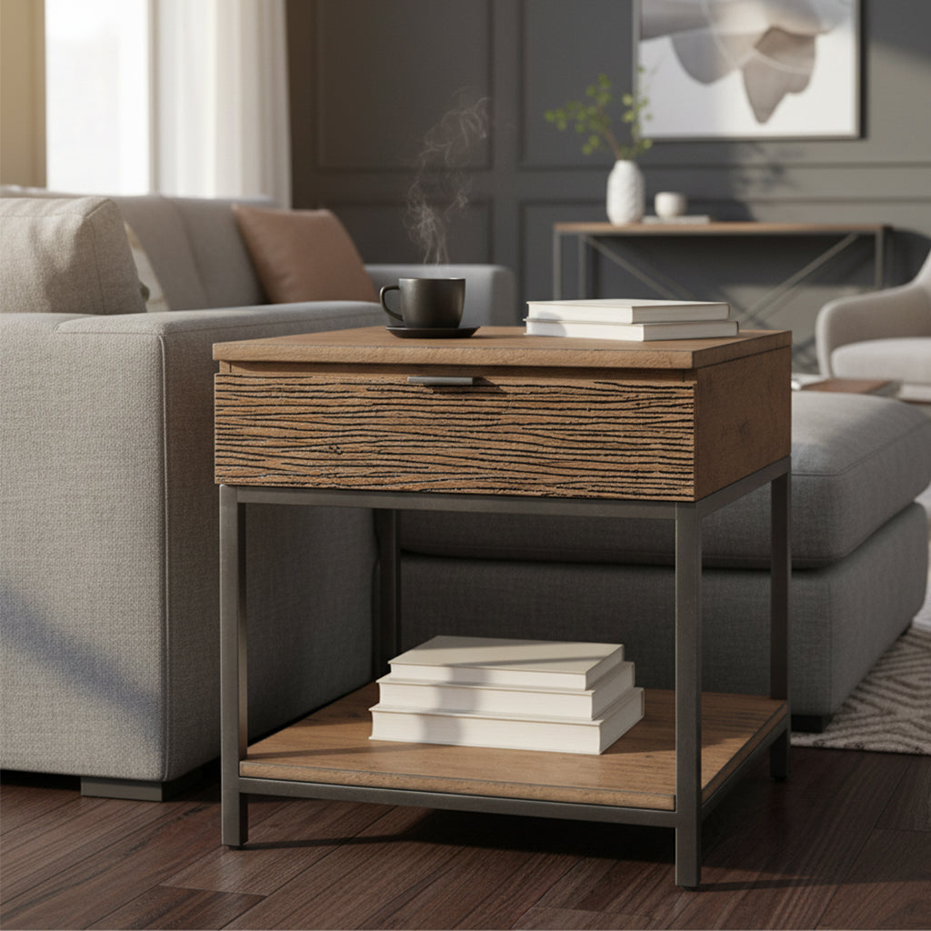 Organic Living End Table with single reeded drawer, metal frame, lower shelf, and natural wood finish in modern living room setting