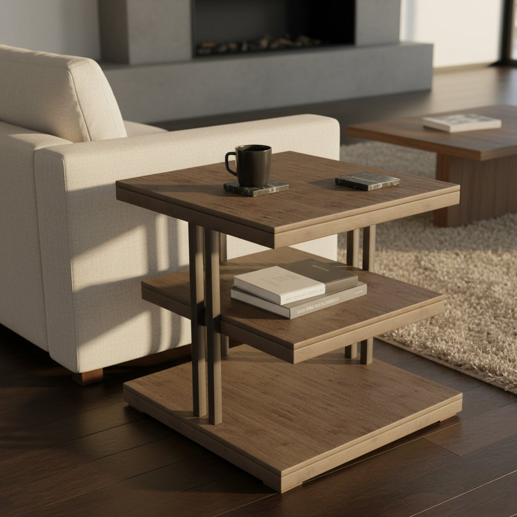 Square Organic Living End Table with three solid wood floating panels, slab edges, and modern metal supports in living room setting