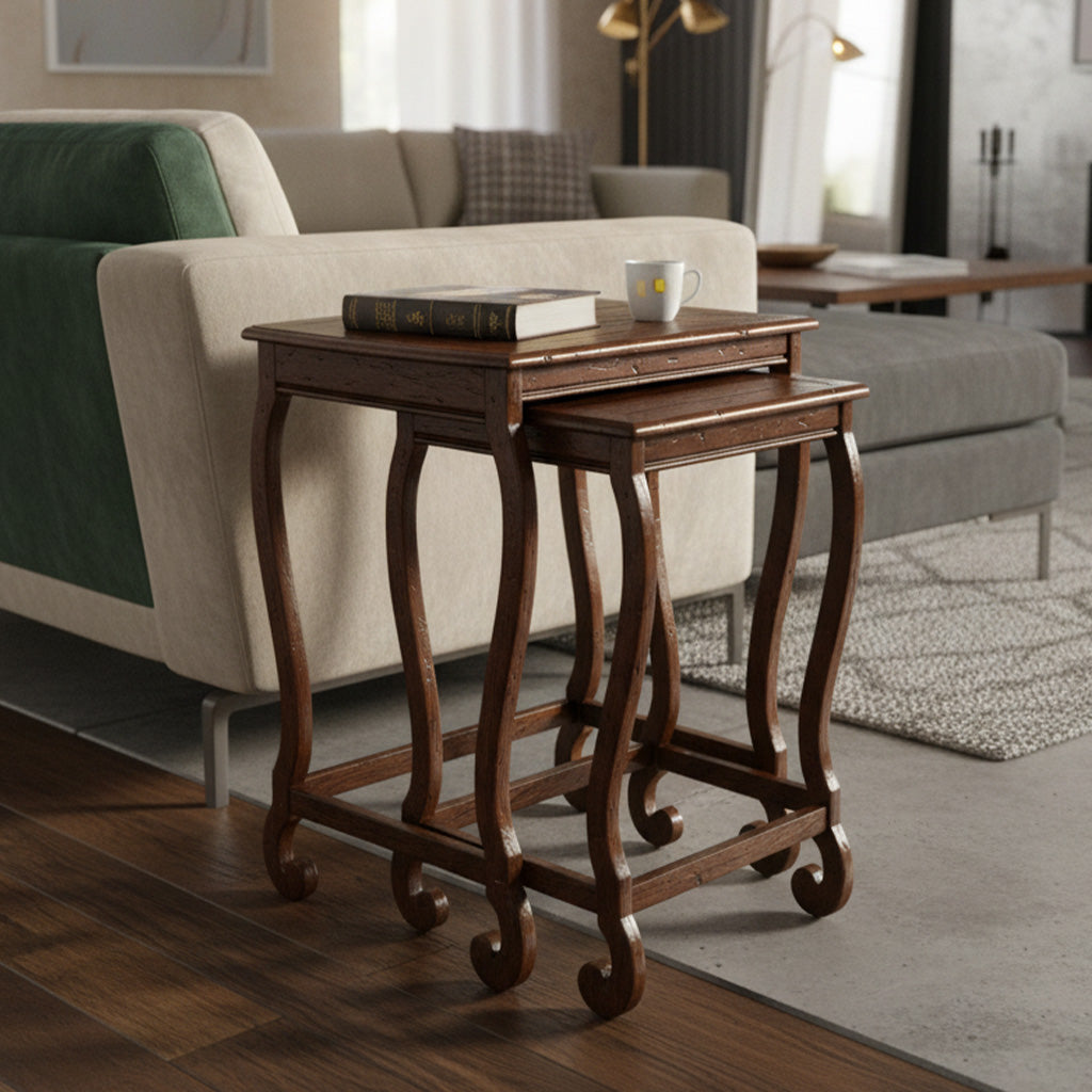 Rue De Bac nesting tables with cognac finish, select solids and veneers, hand-planed mahogany tops, and curved legs