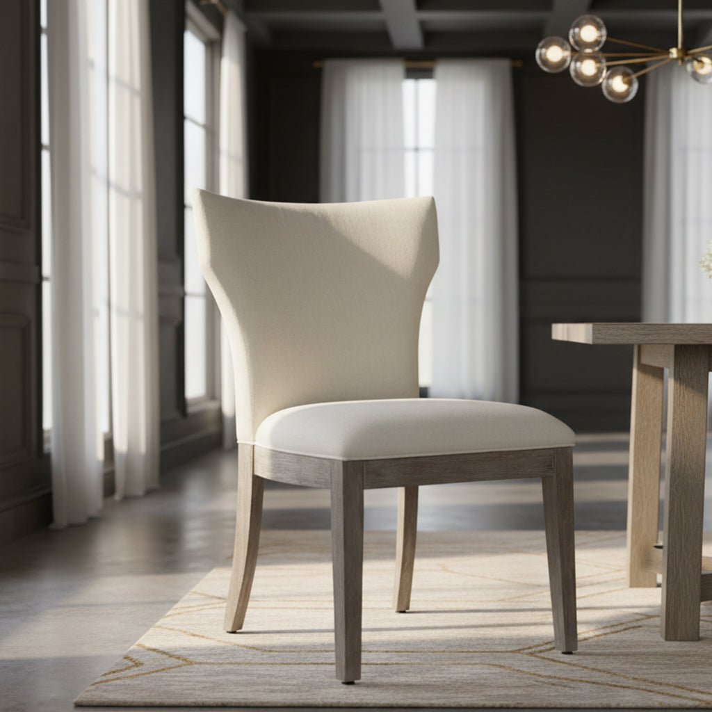Sedona side chair with gracefully shaped upholstered linen back and seat, select solid wood frame with aged gray and white finish