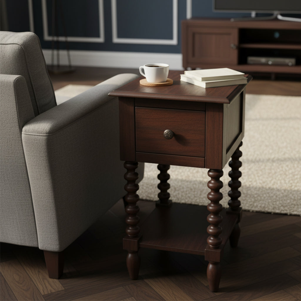 Single drawer end table with dark wood finish, turned legs, lower shelf, placed next to gray upholstered sofa in living room