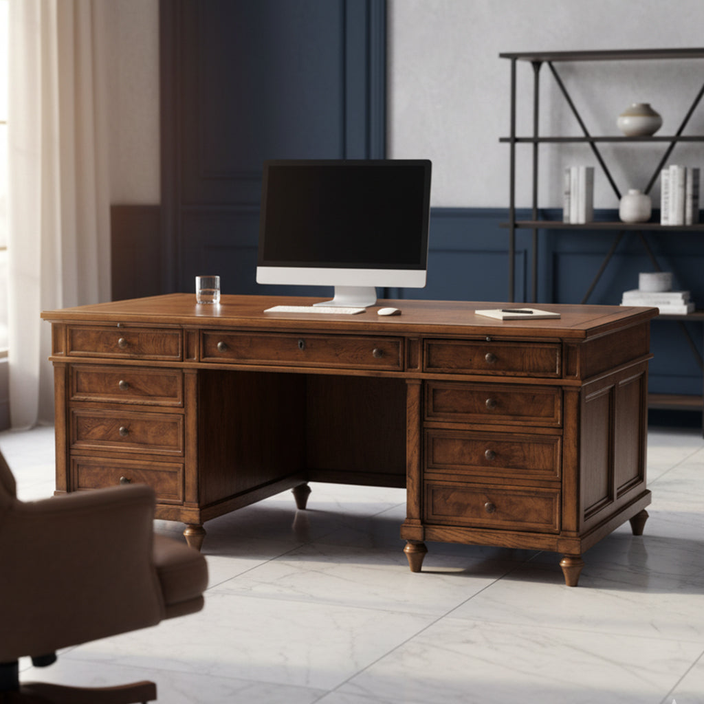 Urban Ash Burl executive desk with parquet drawer fronts, leather top, pull-out writing surfaces, and four box drawers