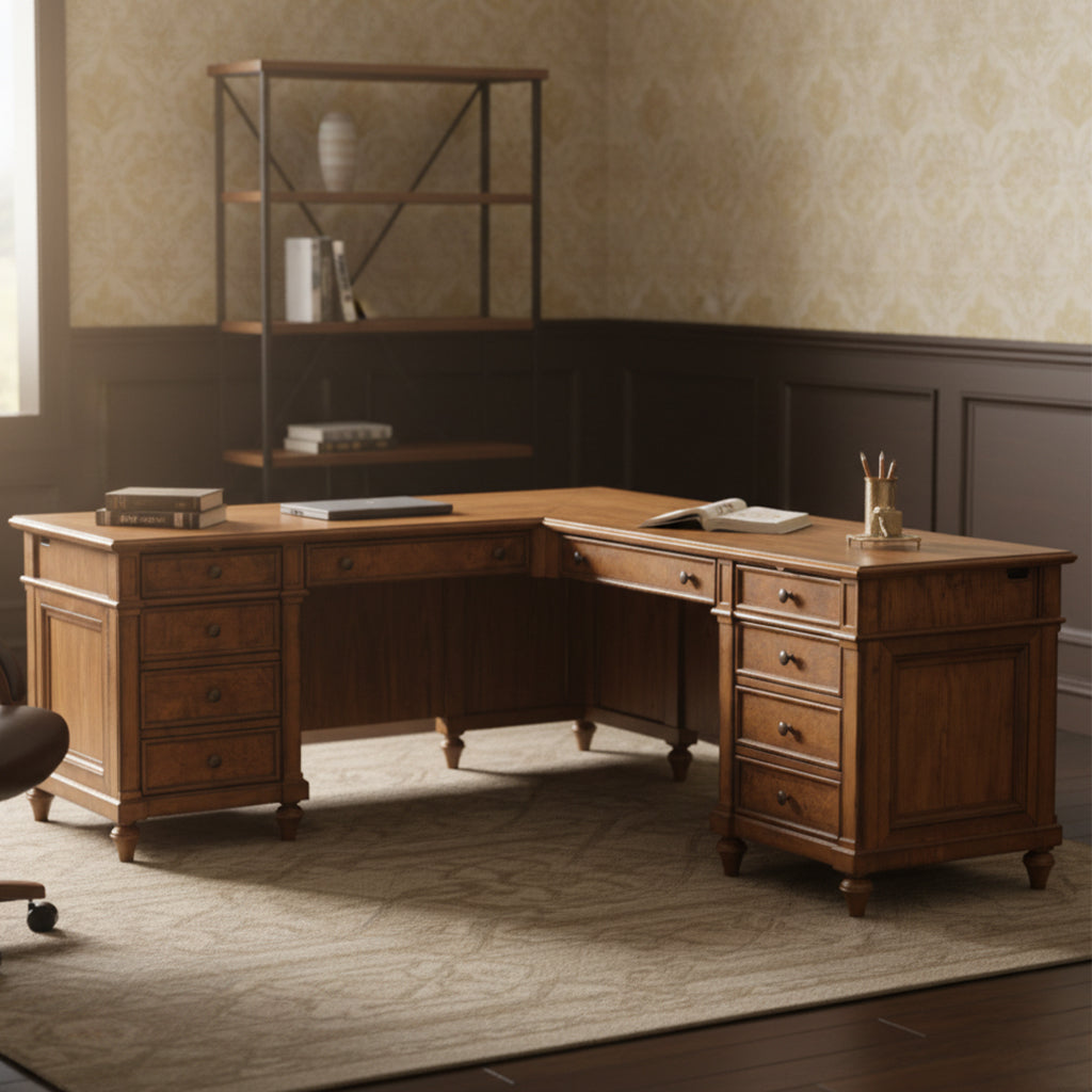 Urban Ash Burl Executive L-shaped desk with ash solids and veneers, multiple drawers, drop-front keyboard tray, and veneer top