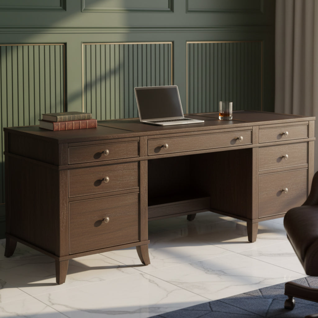 Urban Executive Credenza with three wood-framed leather panels, select veneer, brushed nickel hardware, and wire management