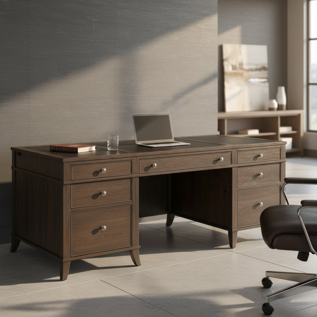 Urban Executive Desk with wood-framed leather panels, select veneer and solids, four box drawers and two file drawers on metal slides