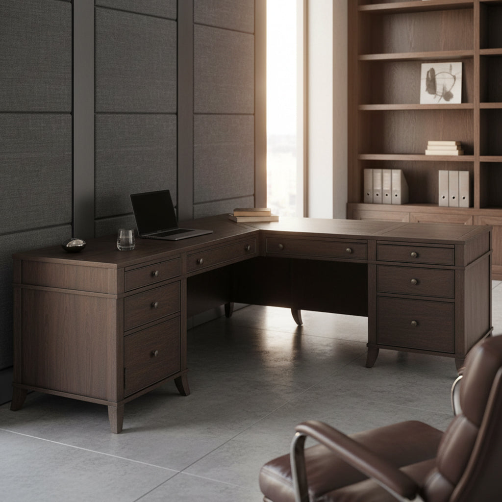 Urban Executive L-shape desk with select veneer finish, brushed nickel hardware, and multiple storage drawers in office setting.