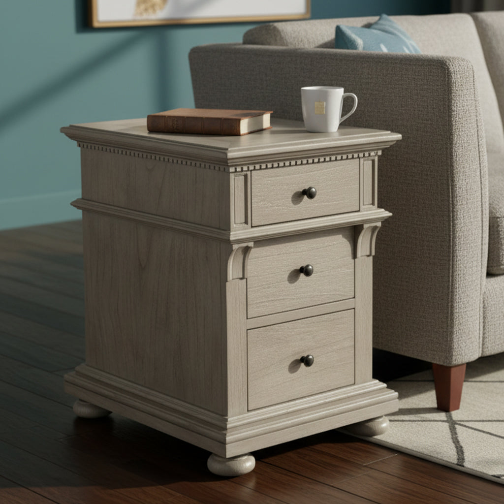 Wellington Estates chairside chest with mindi veneers and solids, three drawers, corbel support, rustic antique brass hardware, driftwood finish