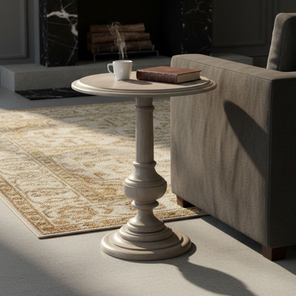 Wellington Estates end table with tapered pedestal and urn turning in driftwood finish, 22" diameter, 26" height, mindi veneers