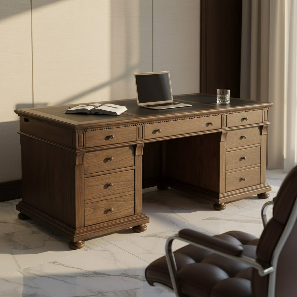 Wellington Estates office executive desk with leather top, mindi wood, four box drawers, two file drawers, and drop front center drawer
