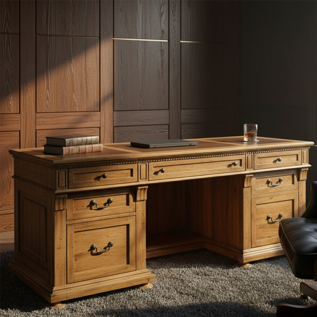 Wellington Hall Office Executive Credenza with acacia veneers, leather panel top, multiple drawers, and brass hardware detailing