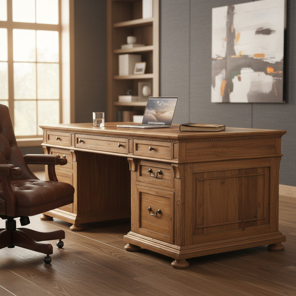 Wellington Hall office executive desk with acacia veneers and solids, leather top panels, four box drawers, and two file drawers