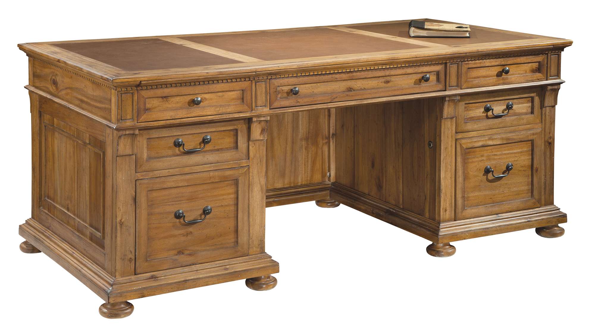 Wellington Hall Executive Desk with acacia veneers, leather top panels, four box drawers, and two file drawers on metal slides