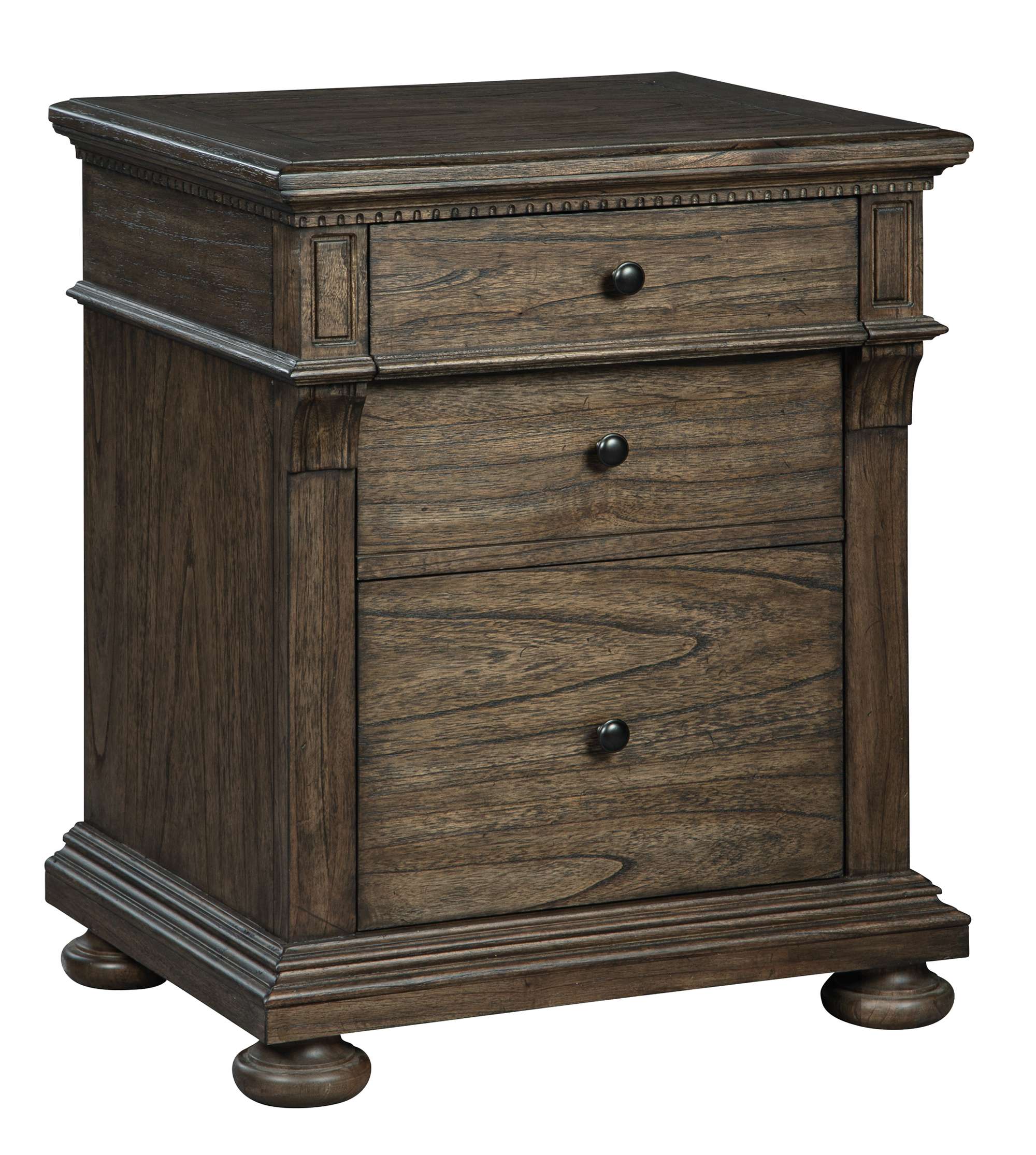 Wellington Estates Office File Cabinet in rustic antique brown with three drawers and decorative molding on round bun feet.