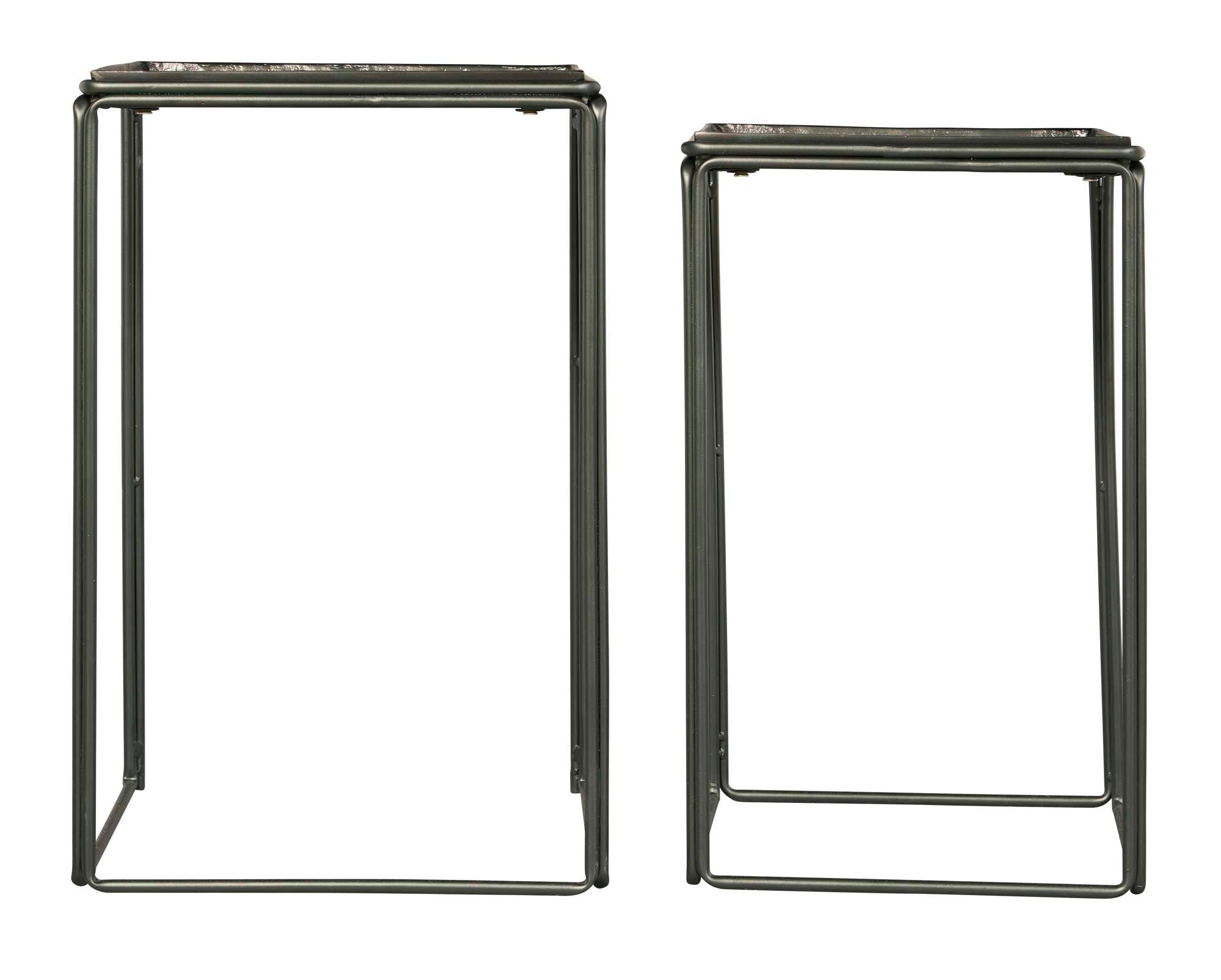 Set of two nesting tables with dark nickel glazed iron and steel metal tray tops and minimalistic frames