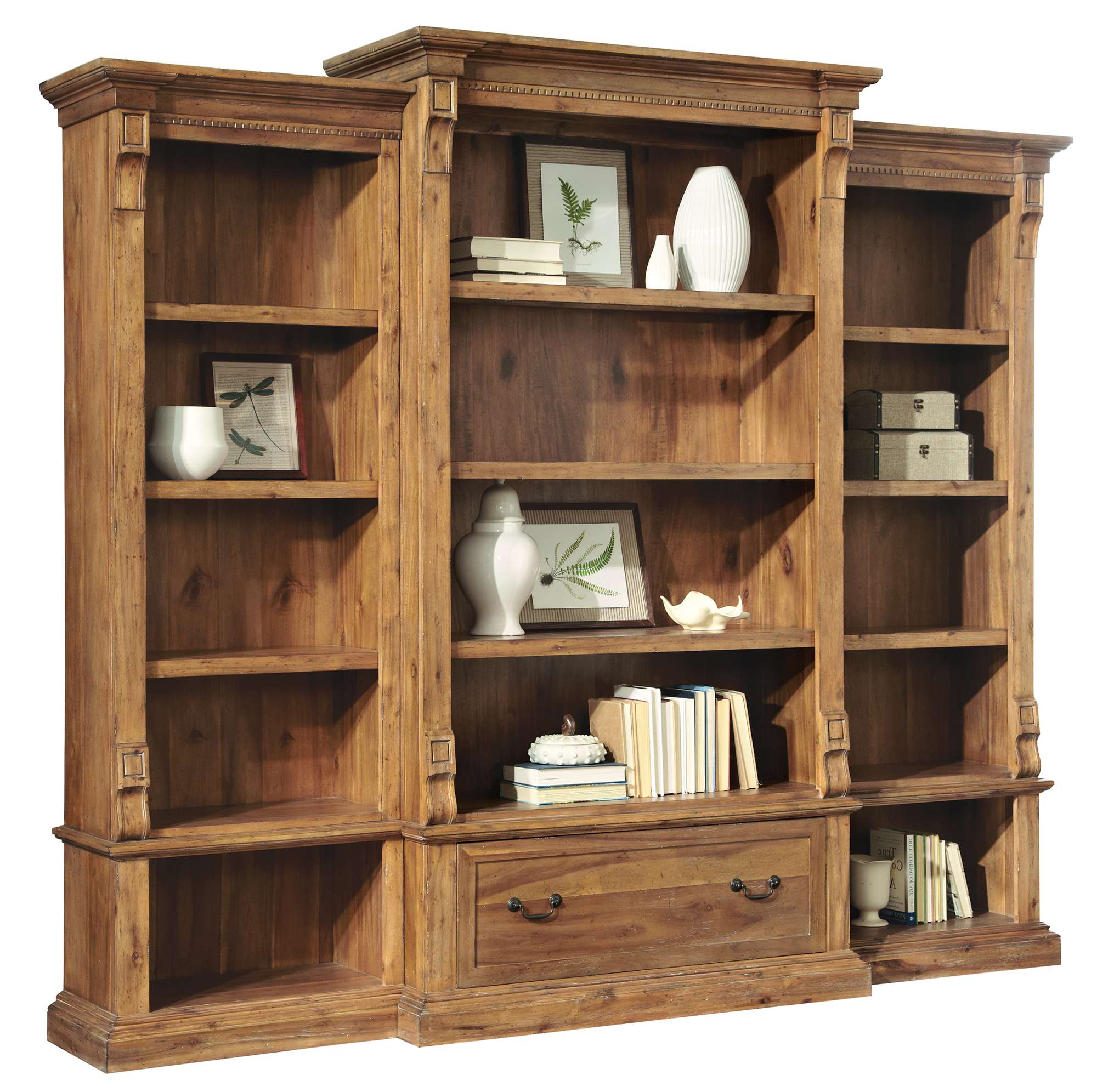 Wellington Hall Office Executive Center Bookcase with acacia veneers and solids, adjustable shelves, file drawer with metal slides, illuminated