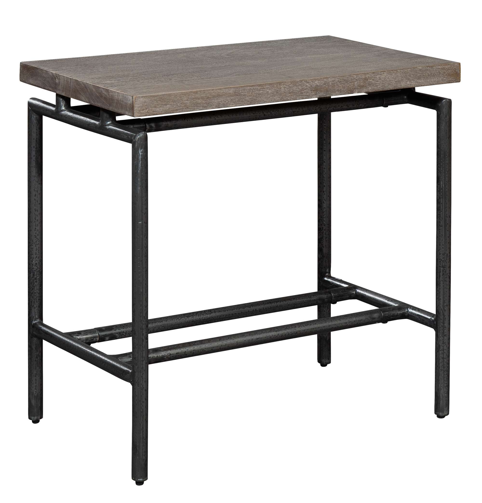 Sedona end table with solid mango slab top and round iron legs featuring iron stretchers and aged oil-rubbed finish