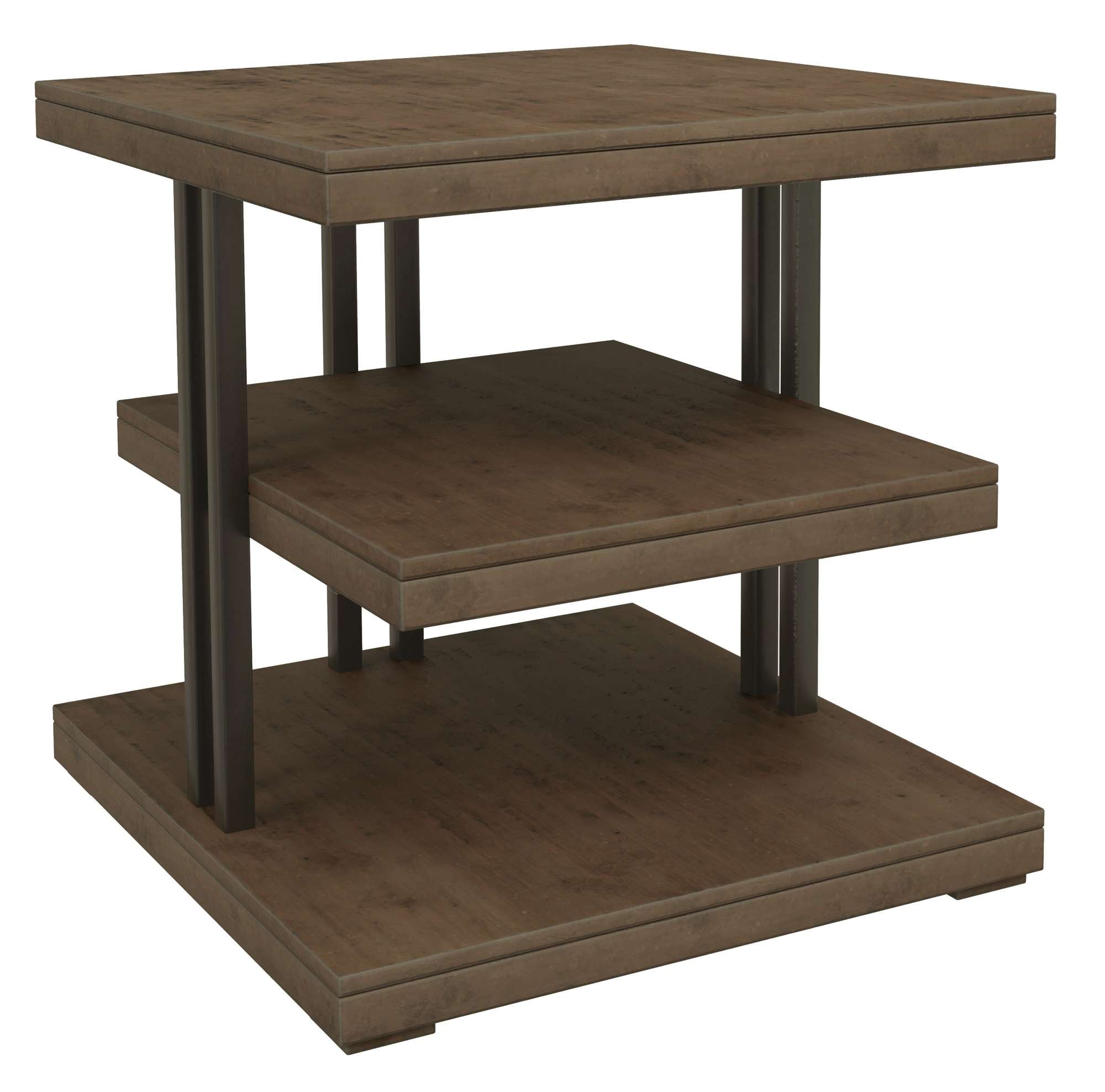 Square Organic Living End Table with three floating solid wood panels and sleek slab edges in a warm brown finish