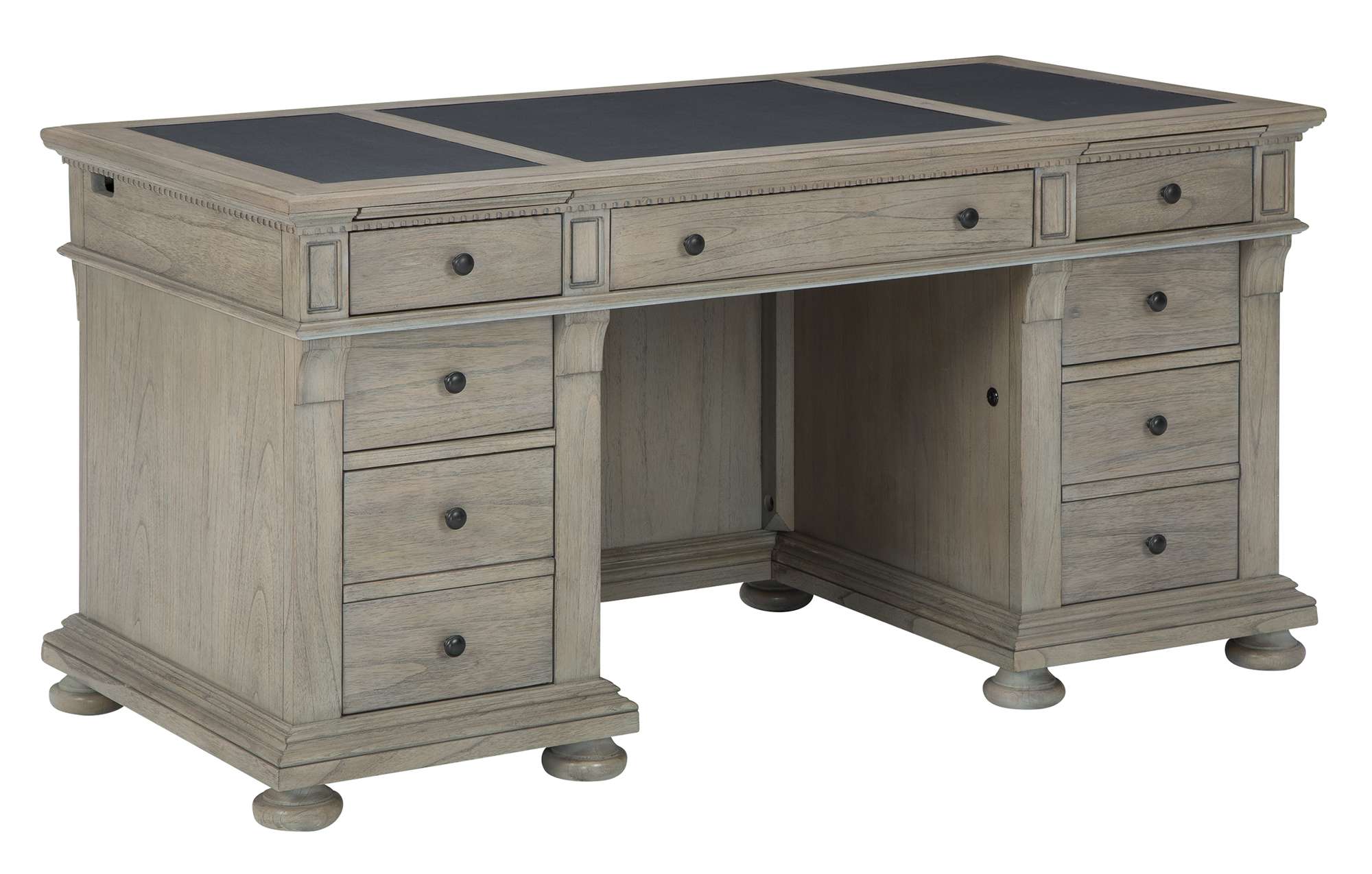 Wellington Estates Office Junior Executive Desk with leather panel top, mindi veneers, four box drawers, and two file drawers on metal slides