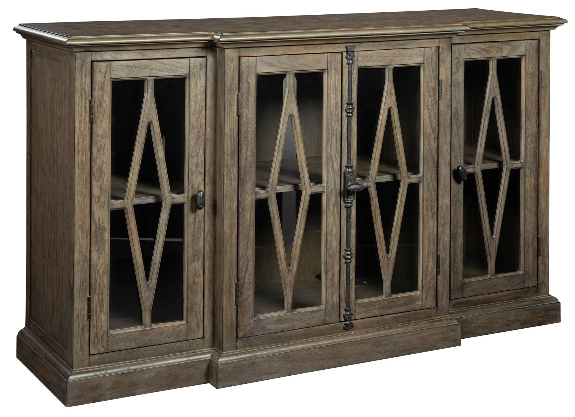 Breakfront entertainment console with four glass doors, diamond fretwork, gun bolt latch, and adjustable shelves in wood finish