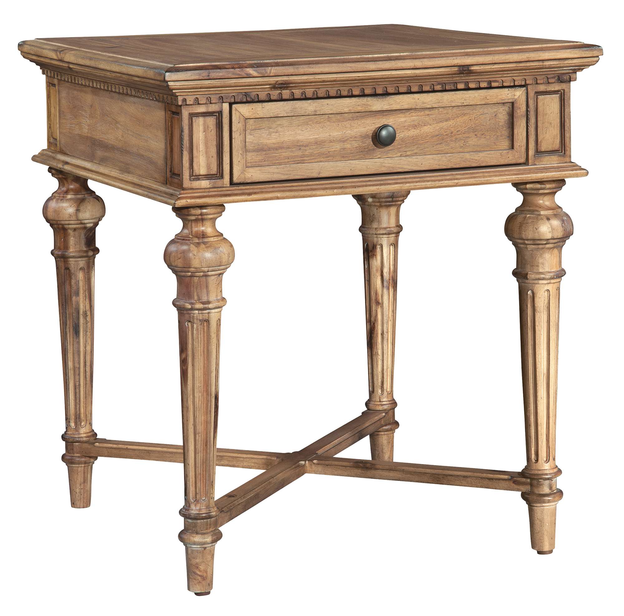 Wellington Hall end table with acacia veneers and solids, tapered fluted legs, one drawer, and natural finish