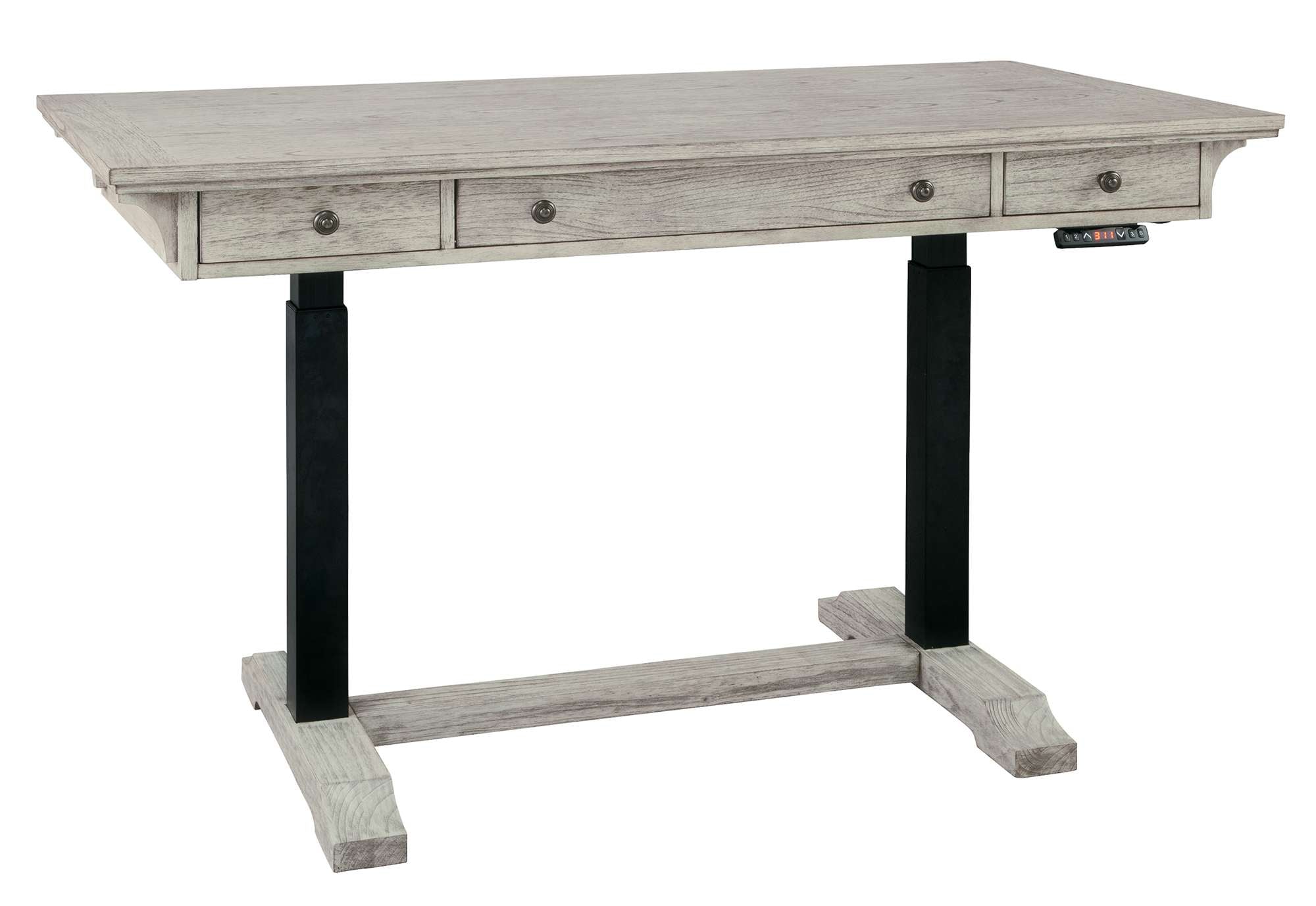 Adjustable Height Desk with mindi veneer top, three drawers, black metal legs, and electronic control panel for height adjustments