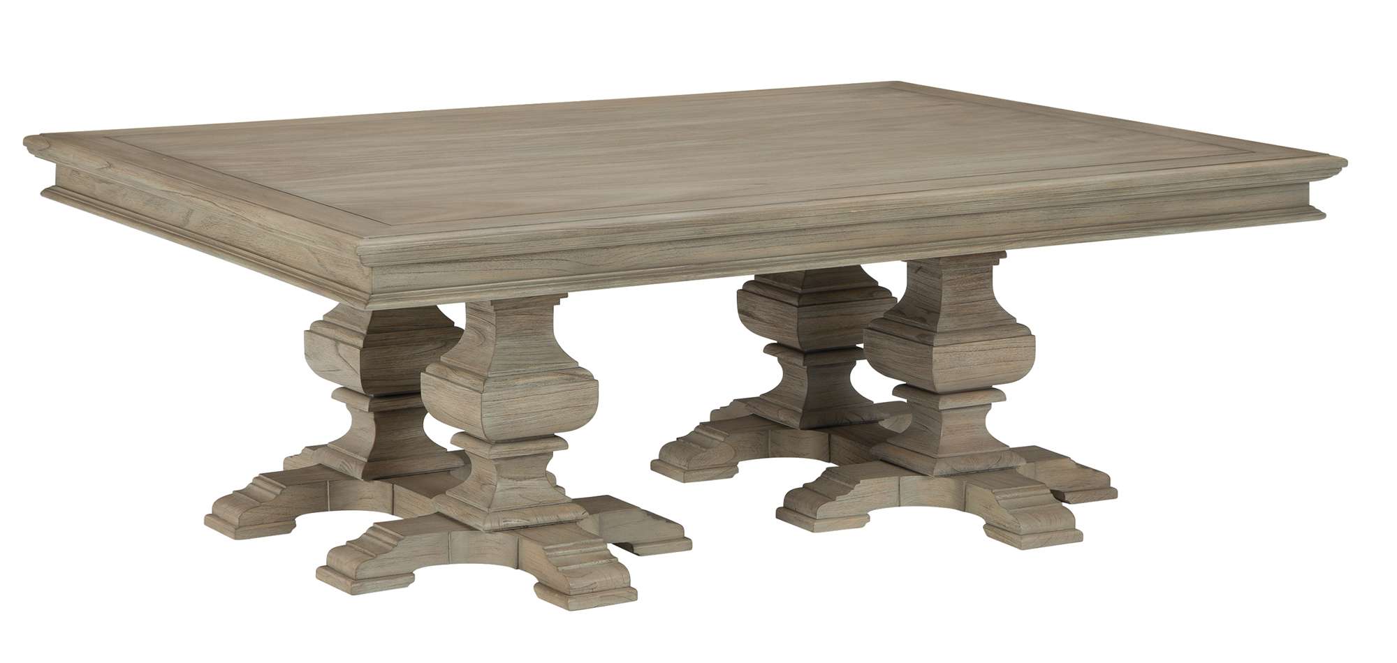 Wellington Estates coffee table with mindi veneers and solids, molded edge top, quadruple hand-turned pedestal base, driftwood finish