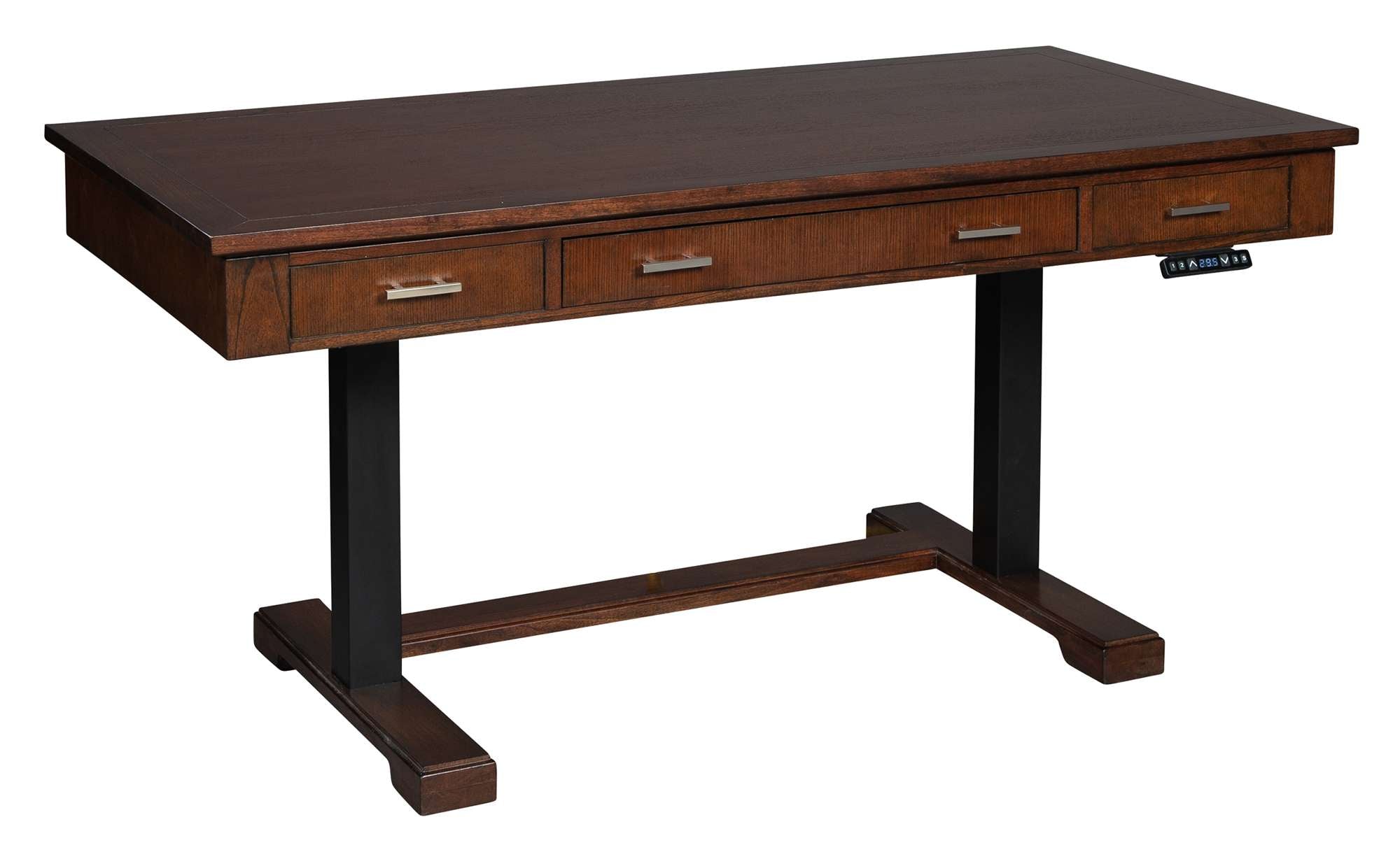 Mocha adjustable height desk with mindi veneer top, two faux drawers on each end, and sturdy black metal legs